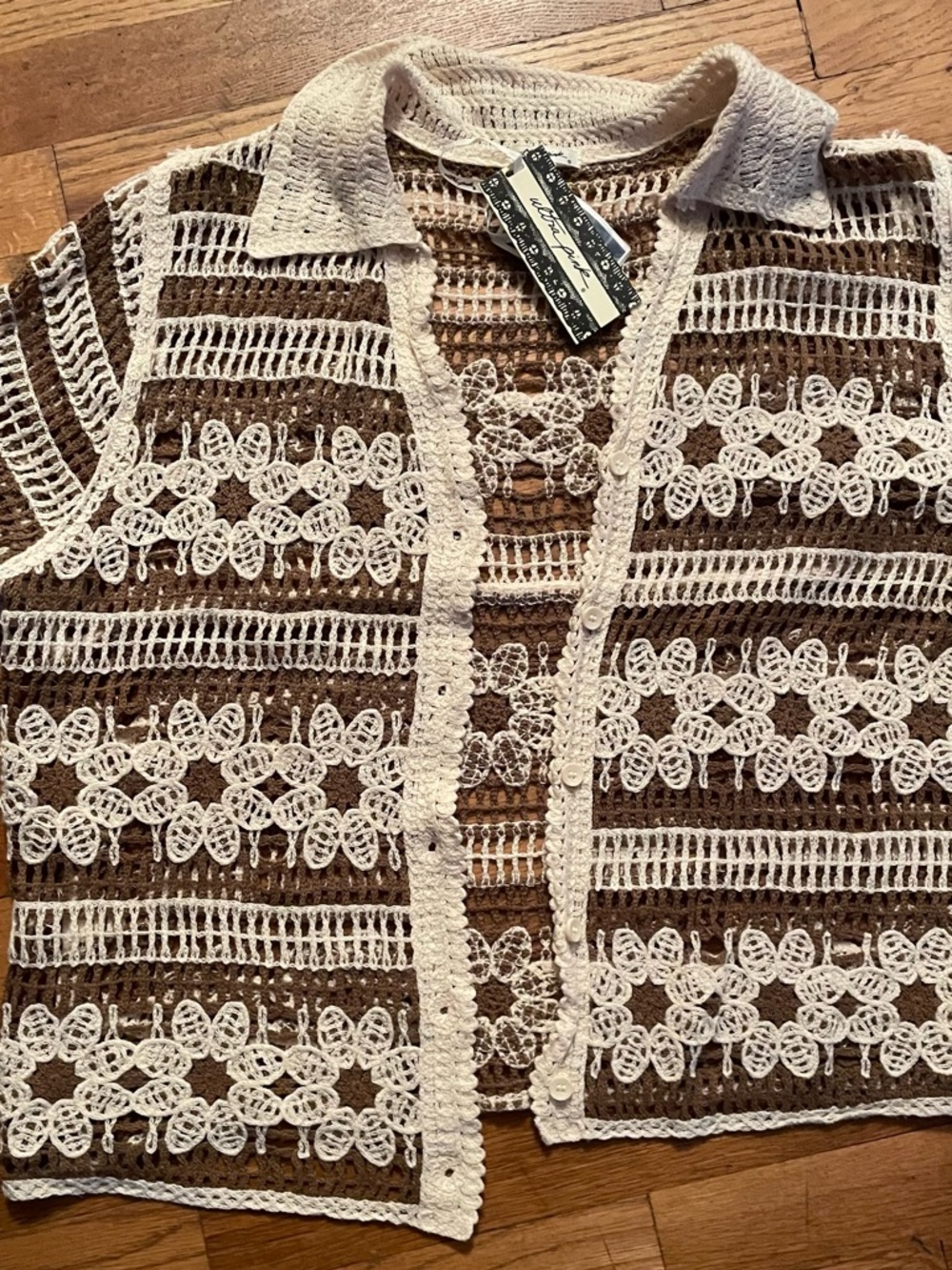 Ultra Pink Cream and Brown Crochet Button-Front Cardigan Vest
